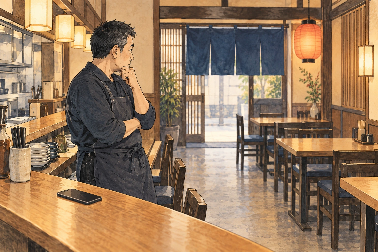 集客に悩む居酒屋店主と空いた客席のイメージ
