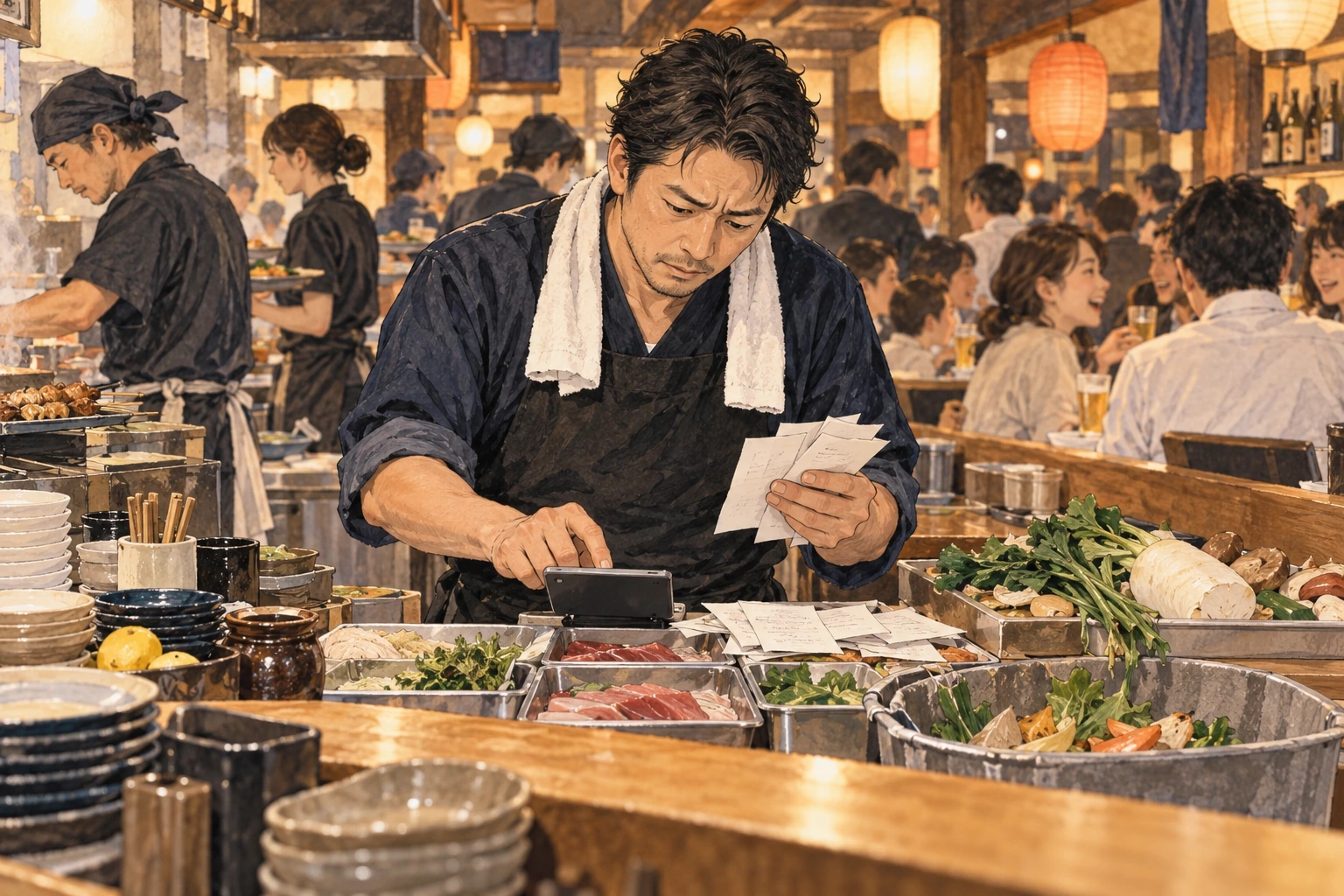 忙しい営業の裏で在庫ロスや支出を振り返る店主のイメージ
