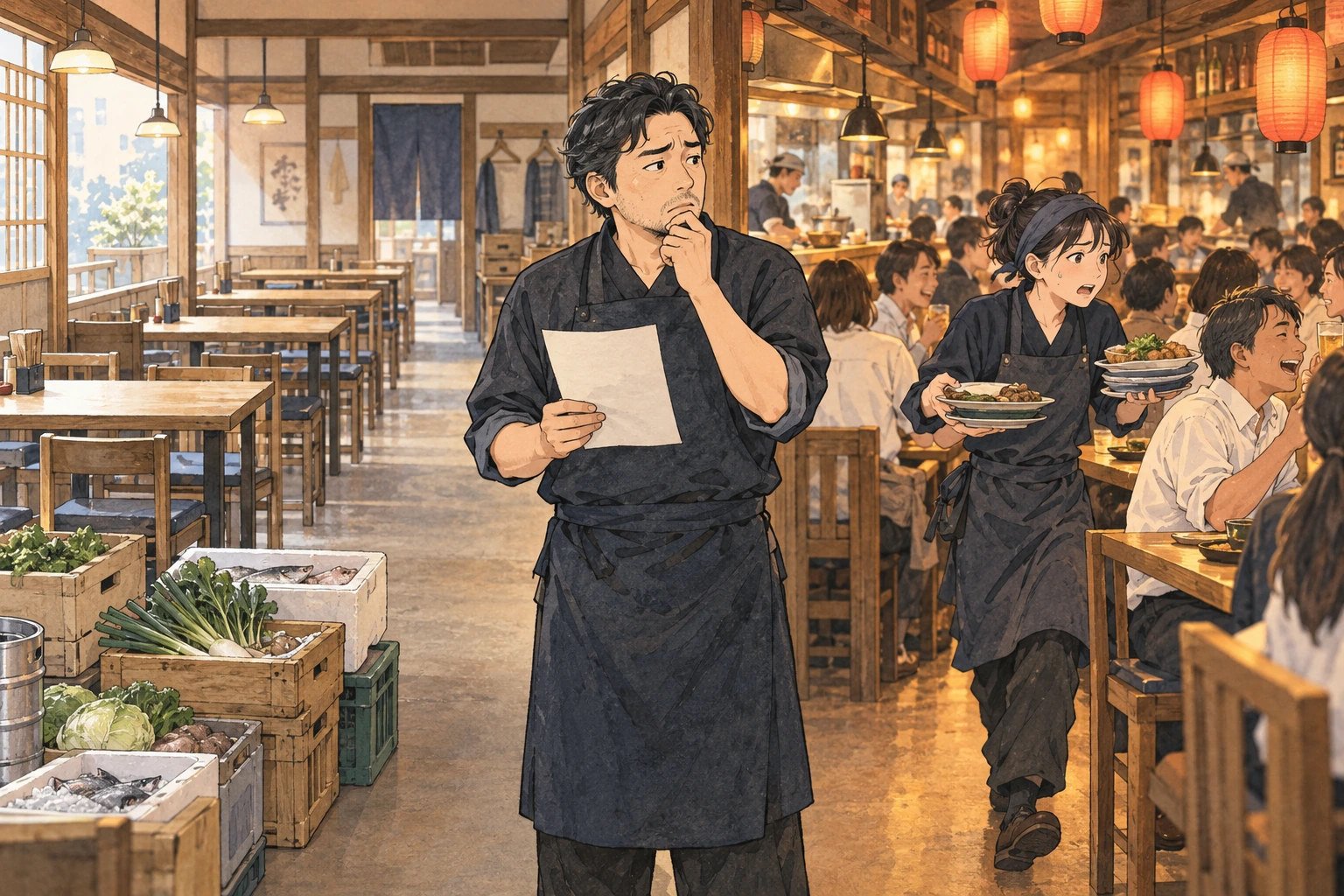 平日の空席と週末の混雑の差に悩む店主のイメージ