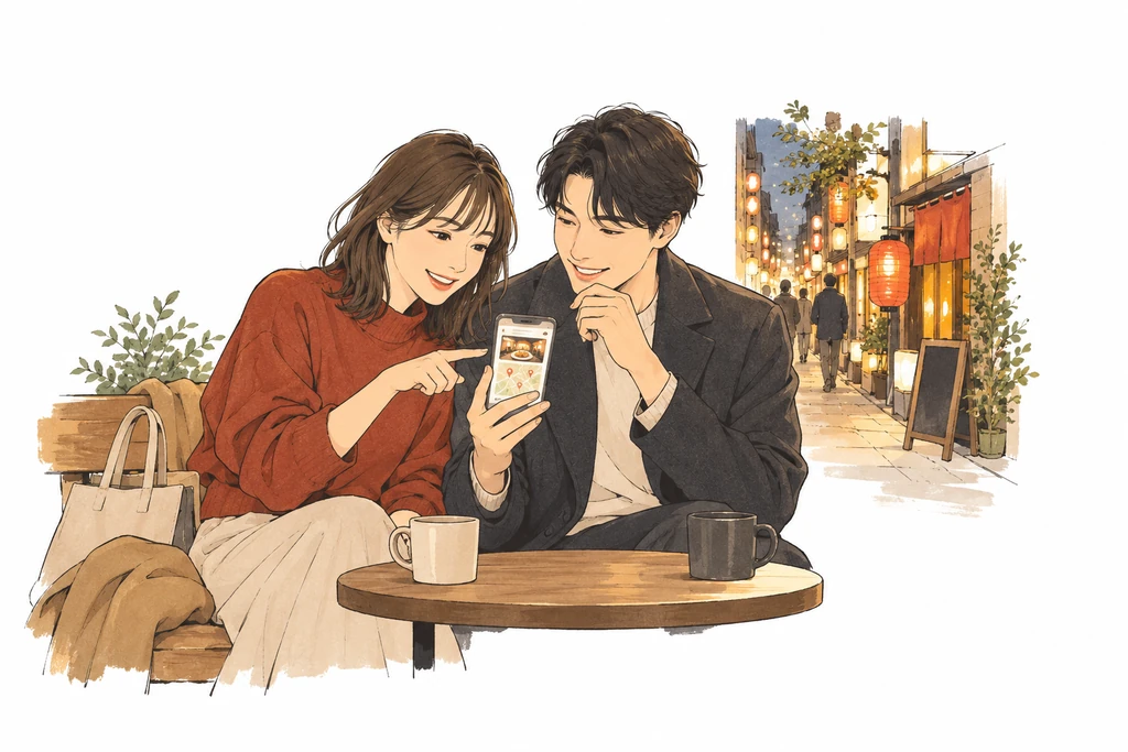 スマートフォンで店舗情報を調べながら食事を相談する二人のイメージ