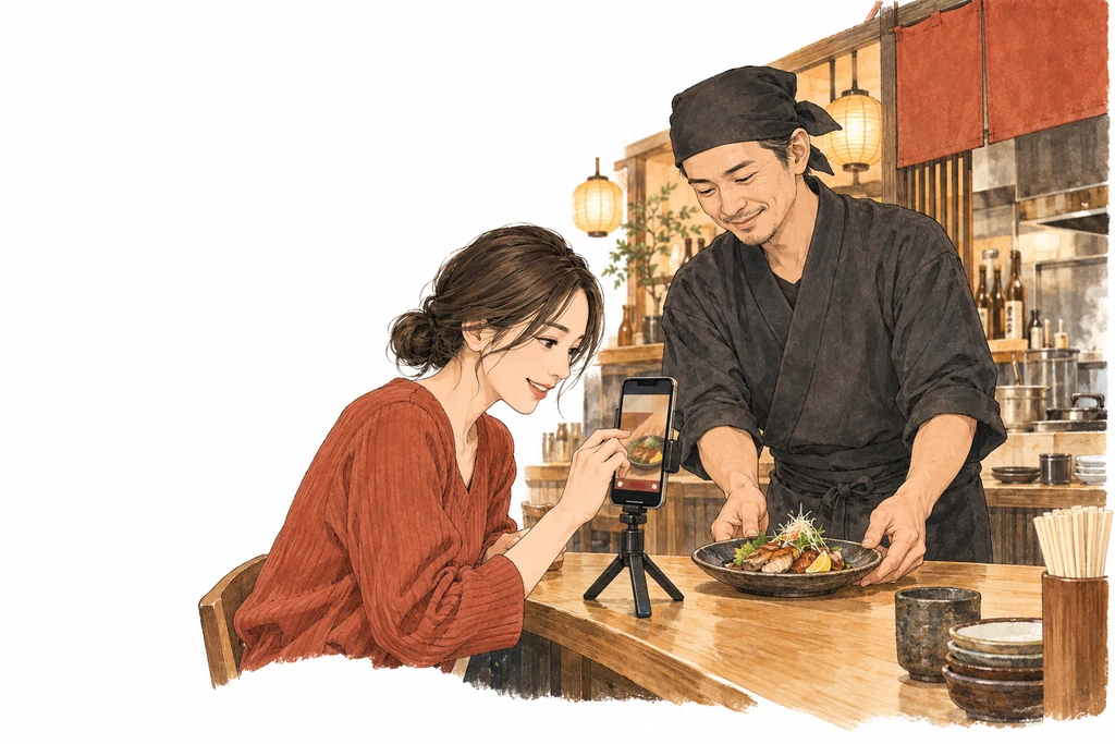 居酒屋で店主と協力し、料理の縦動画を撮影するイメージ
