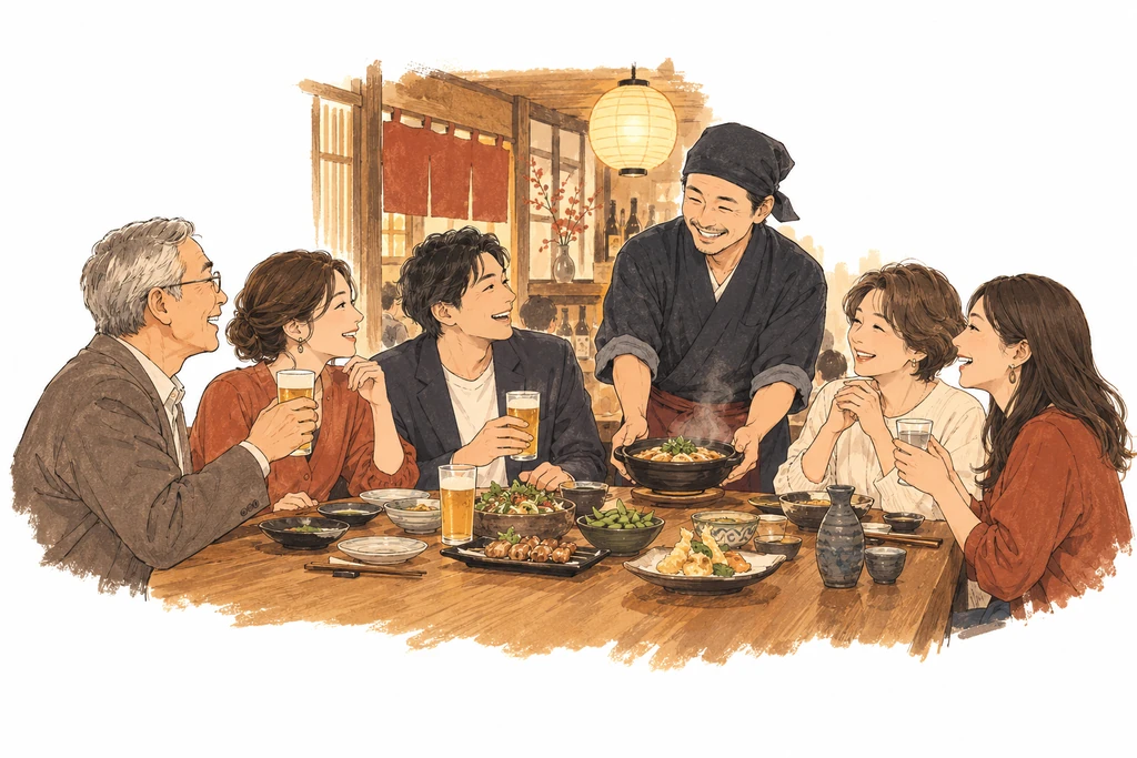 居酒屋で料理を囲み、会話を楽しむお客様と店主のイメージ