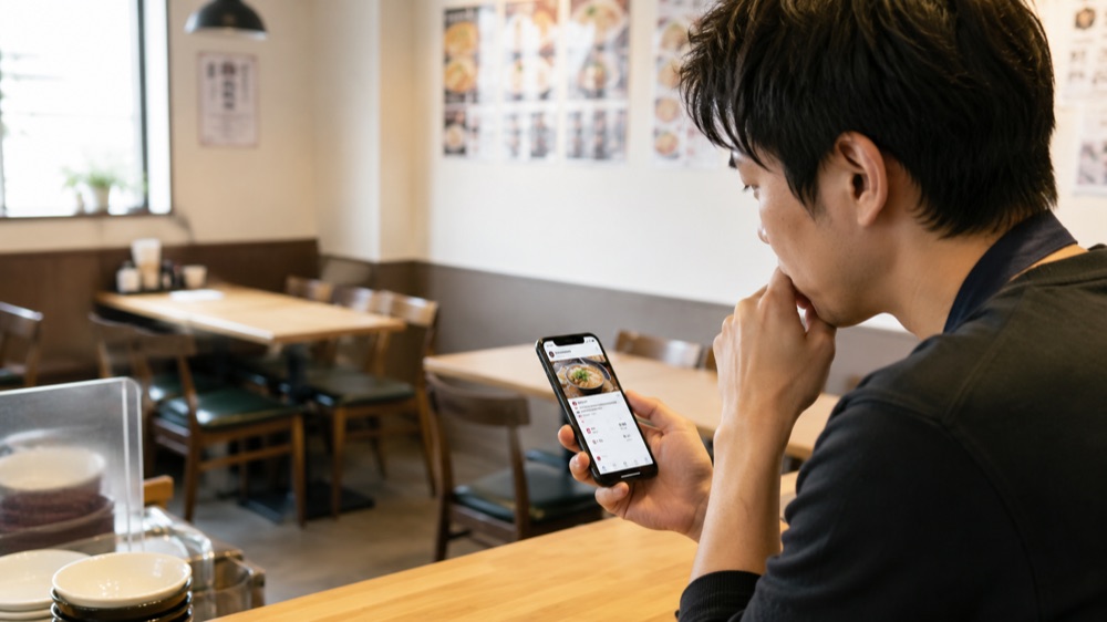 スマホでSNSを確認する飲食店スタッフ