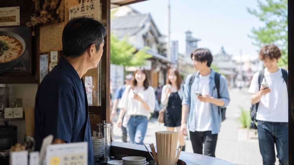 店の前を通り過ぎる若い世代を見る店主