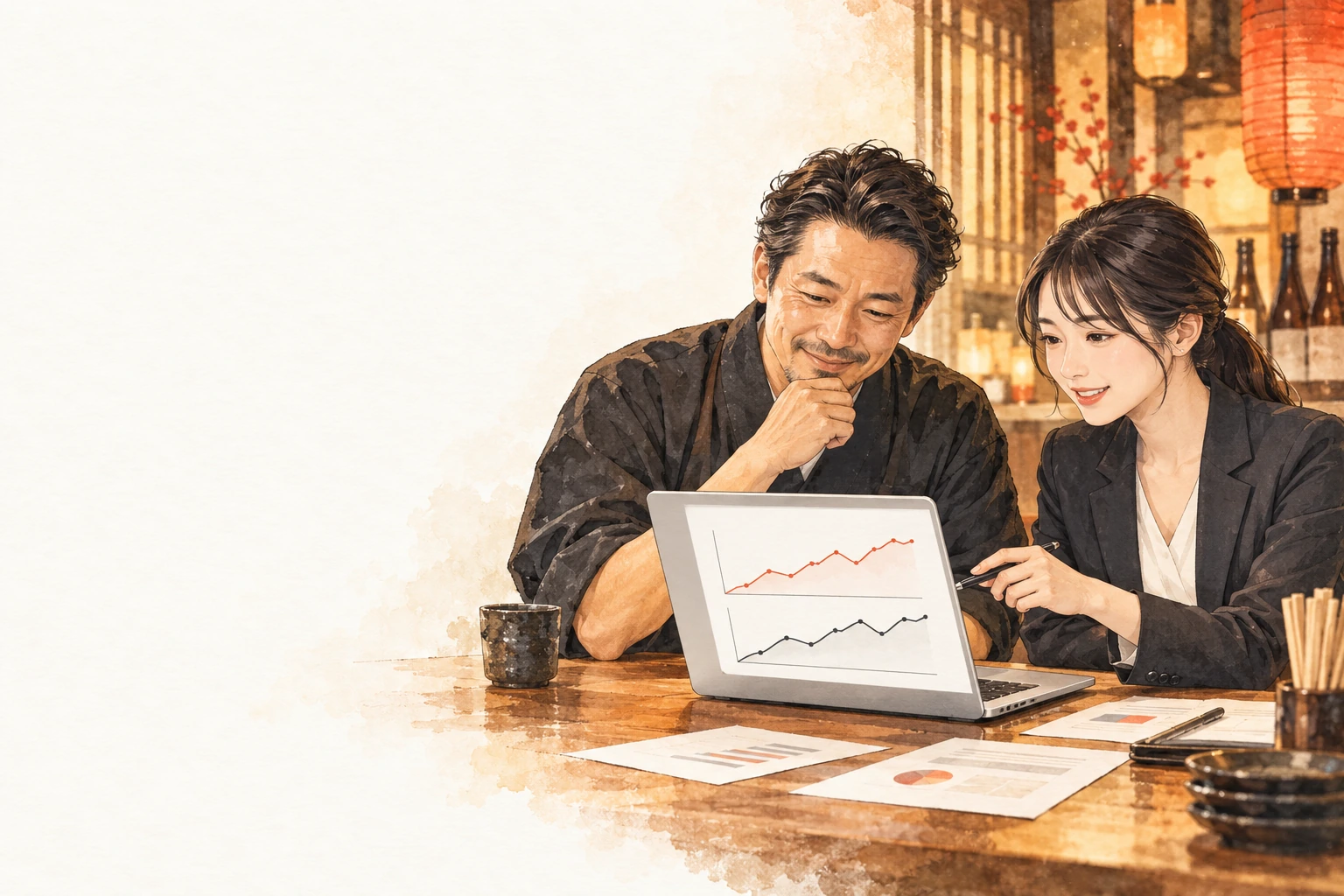 AIと反響データを使い、店主と数字を振り返るイメージ