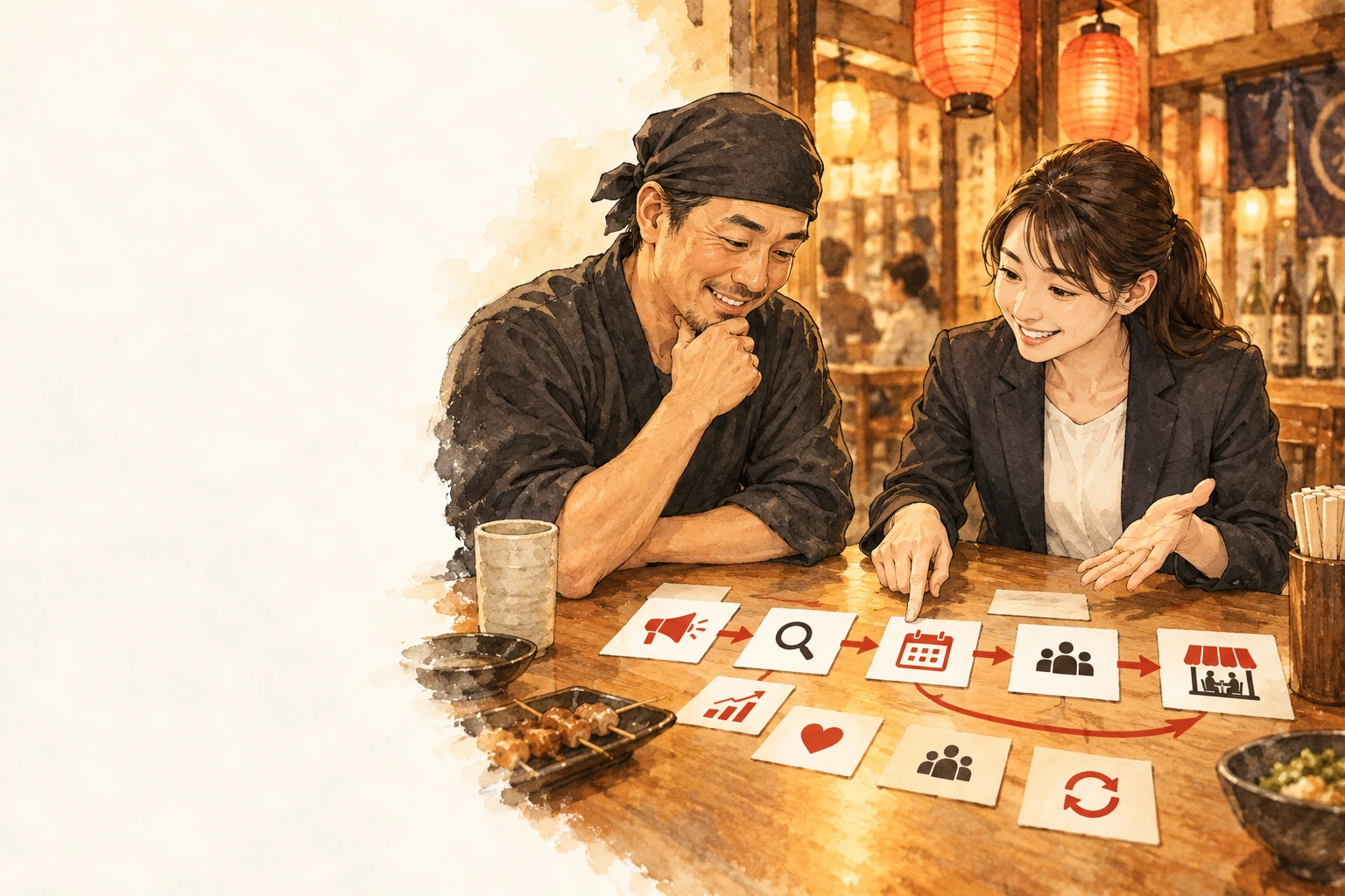 お店の課題に合う施策を店主と組み合わせるイメージ