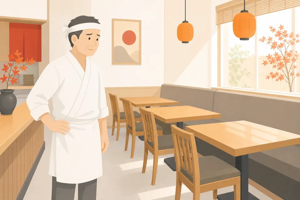 平日の空席を見つめる飲食店の店主