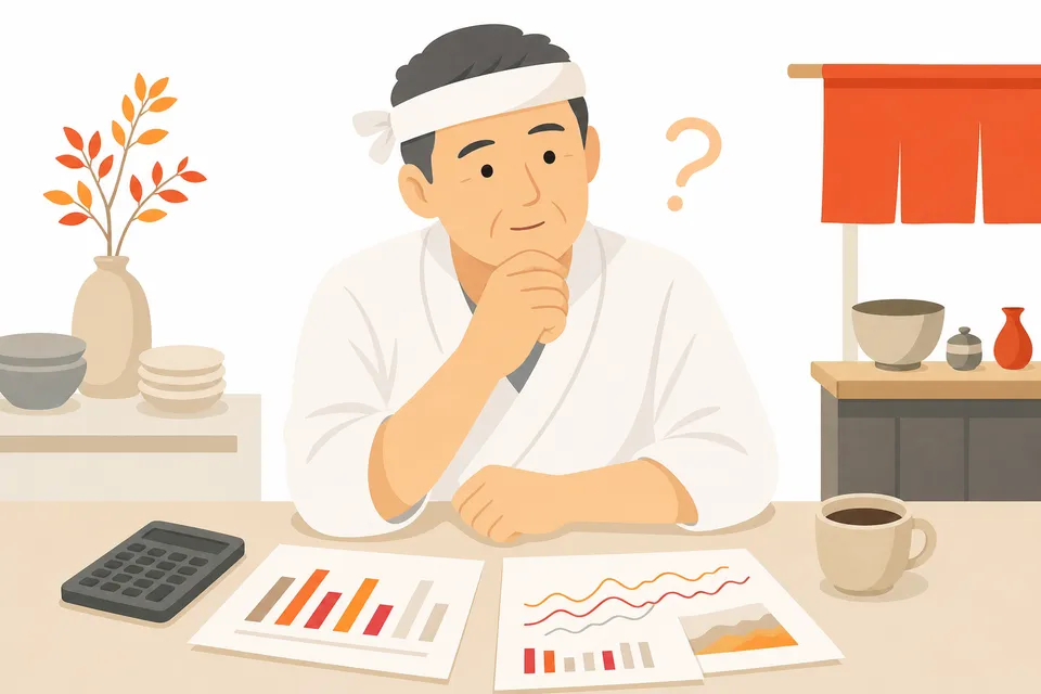 数字を前に何が効いたか考え込む飲食店の店主